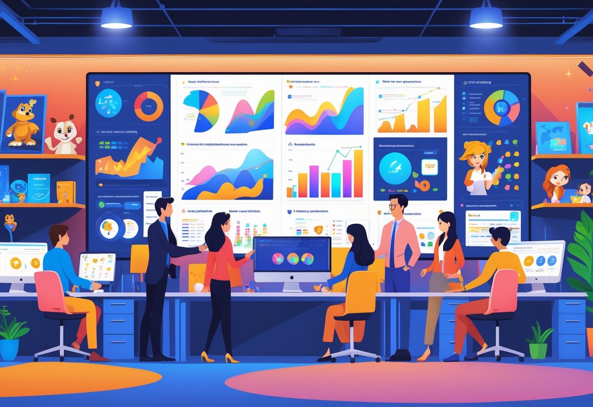 An office scene showing business professionals reviewing colourful animation charts and characters representing major animation studios and franchises.