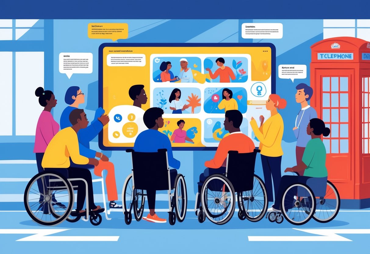 A diverse group of people, including those with disabilities, watching an animated public health campaign on a large screen in an accessible community space in the UK.