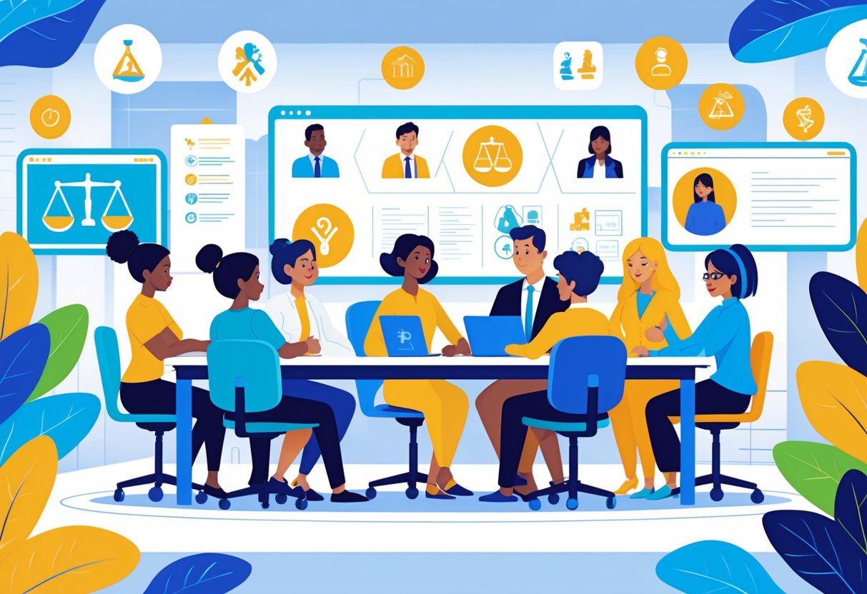 A diverse group of people working together around a table with screens showing symbols of justice and inclusion in a modern office setting.