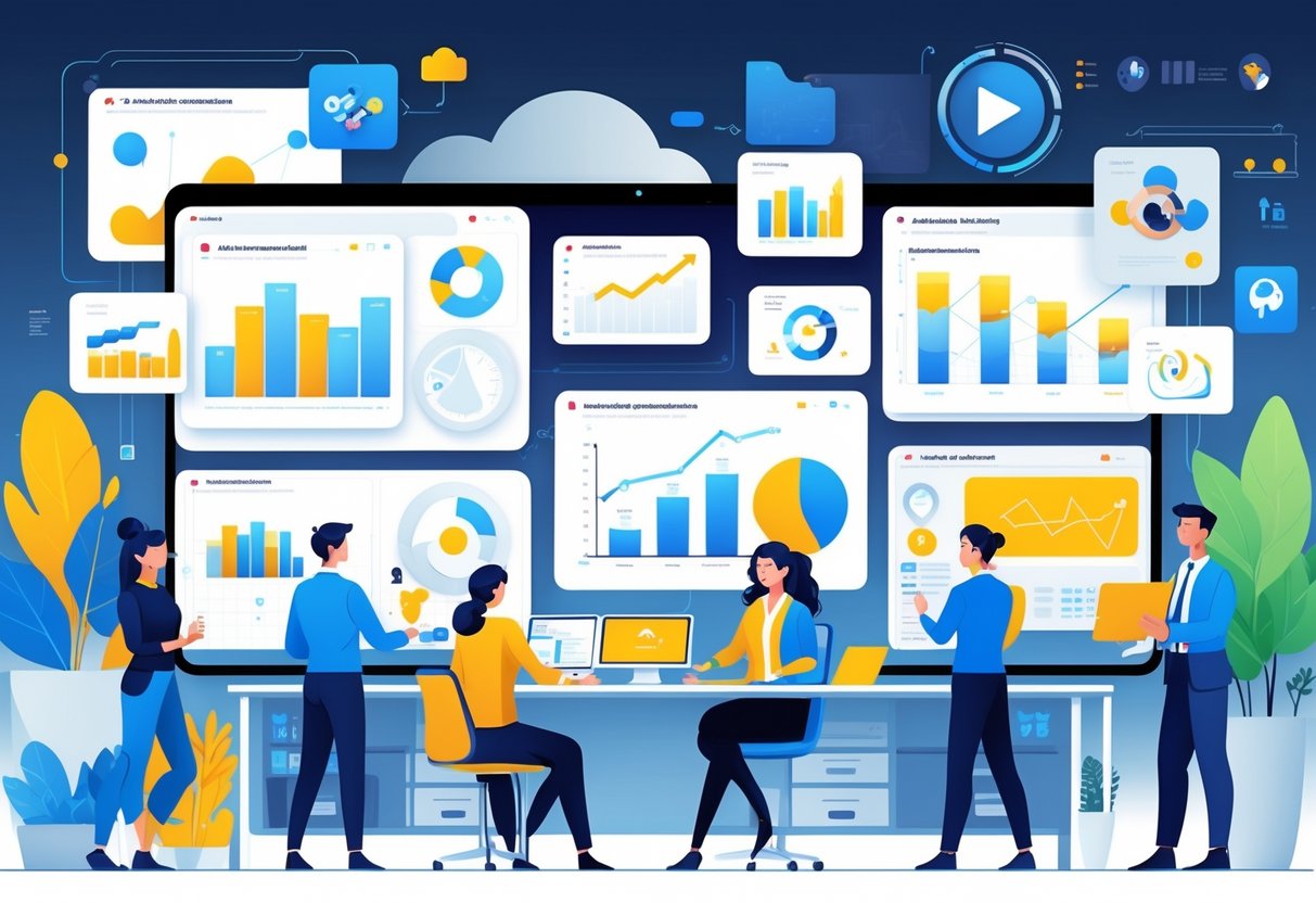 A modern office scene with professionals working around digital screens showing various animation styles and animated business charts.