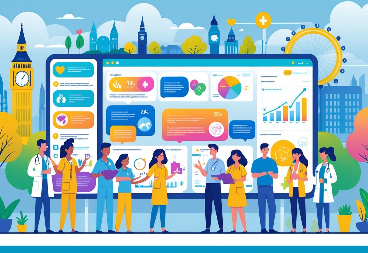 A group of diverse people interacting with animated digital screens showing health information, set against a backdrop with UK landmarks.