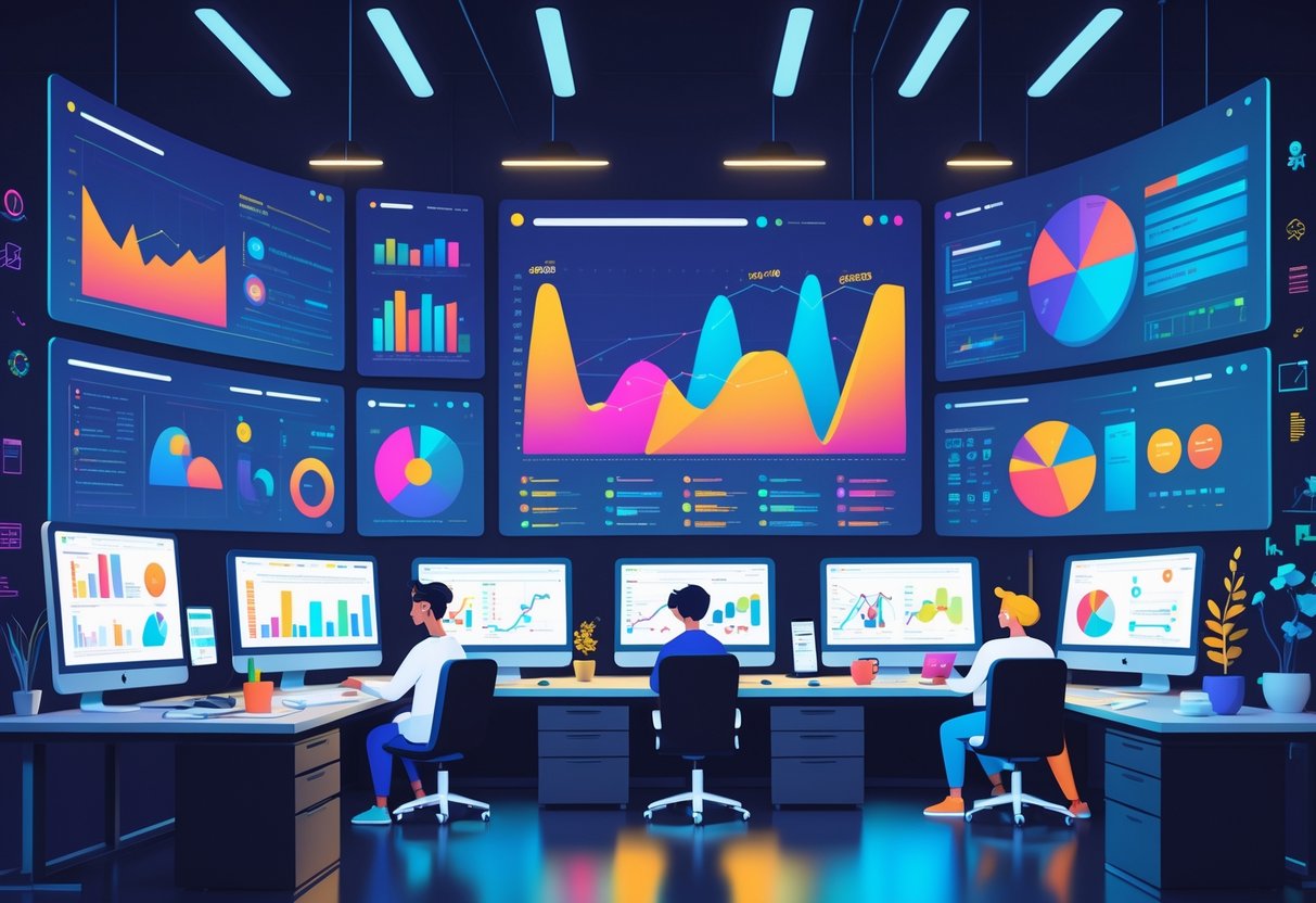 An office scene showing people working with animation software and technology, surrounded by digital screens displaying colourful charts and 3D animation models.