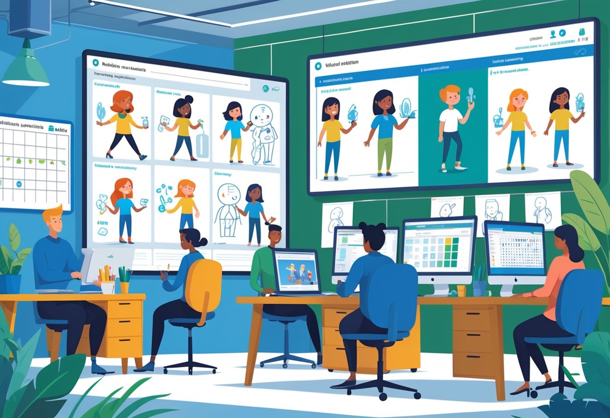 A team of professionals working together in a studio to create an animated public health campaign, showing storyboards, character designs, and animation production stages.