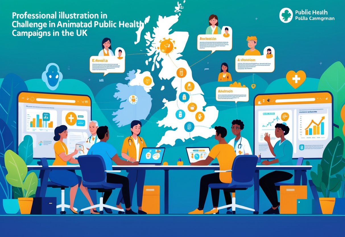 A group of people working together in an office with digital screens showing animated public health messages and a map of the UK highlighting health issues.