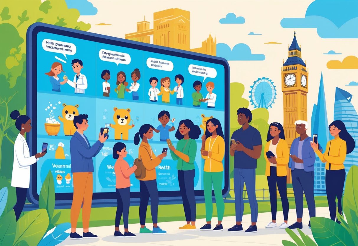 People of different ages and backgrounds watching animated health messages on a large screen in a UK city with recognizable landmarks in the background.