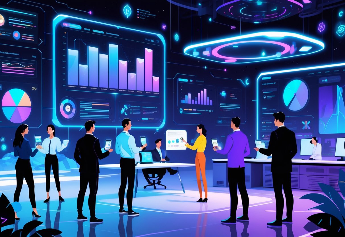 A futuristic workspace where diverse professionals interact with holographic screens displaying animation data, surrounded by virtual reality and metaverse elements.