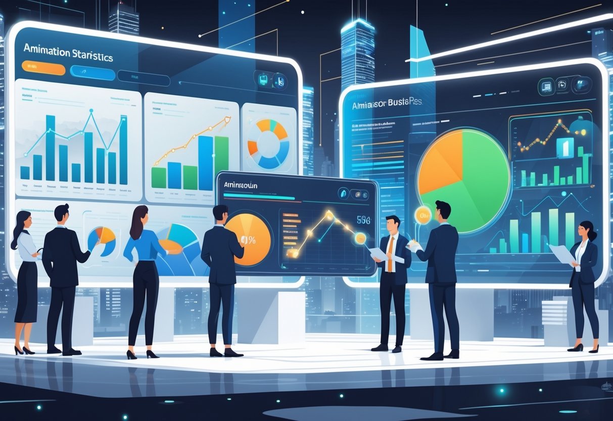A group of professionals analysing animated business charts and graphs on transparent digital screens in a modern office with a futuristic city skyline visible through the windows.