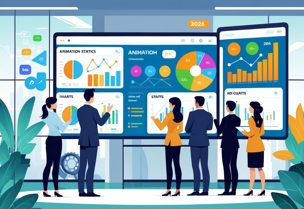 Business professionals analysing colourful digital charts and graphs about animation statistics for 2026 in a modern office setting.
