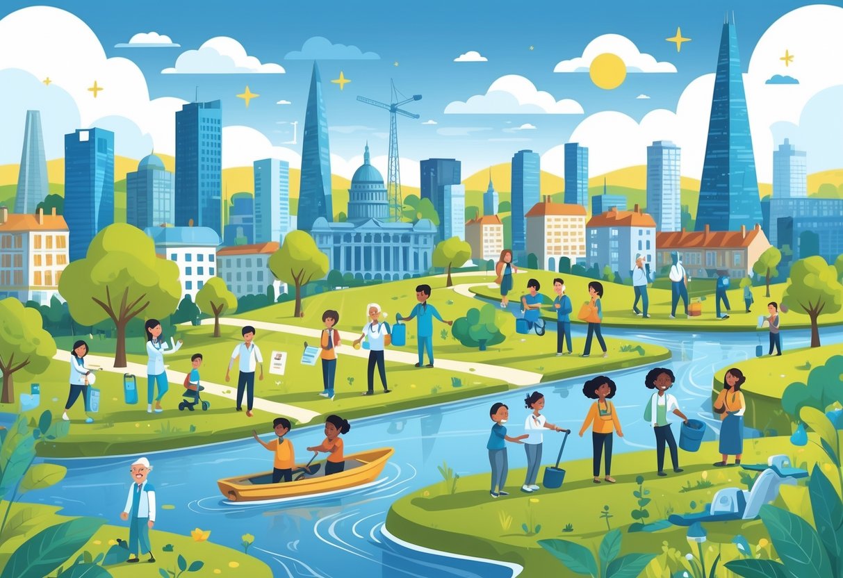 Illustration showing diverse people in UK settings working together on health, education, environment, and social care activities.