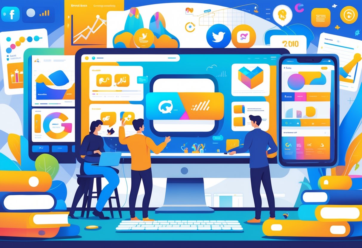 A team working together around a large digital screen showing animated brand logos and marketing visuals in a modern office setting.