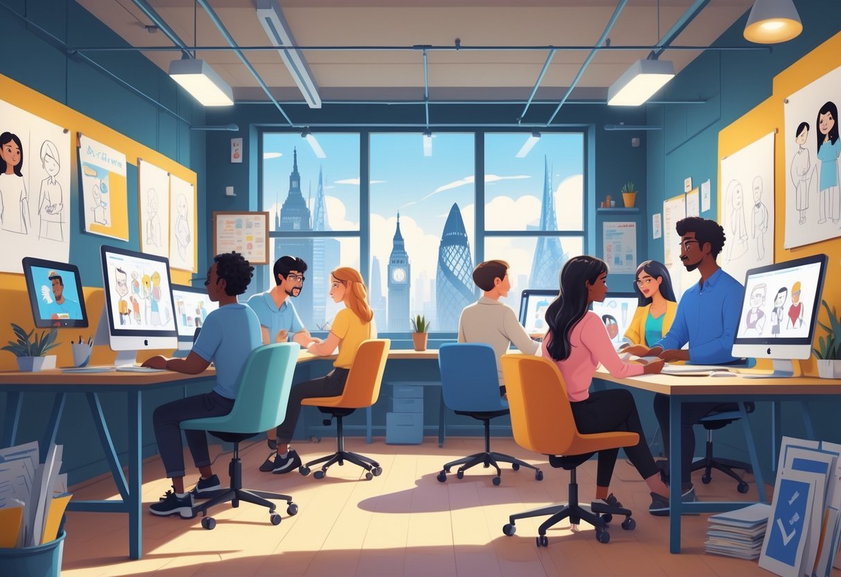 A group of people collaborating in an animation studio with digital screens and sketches, working together on a social impact project in the UK.