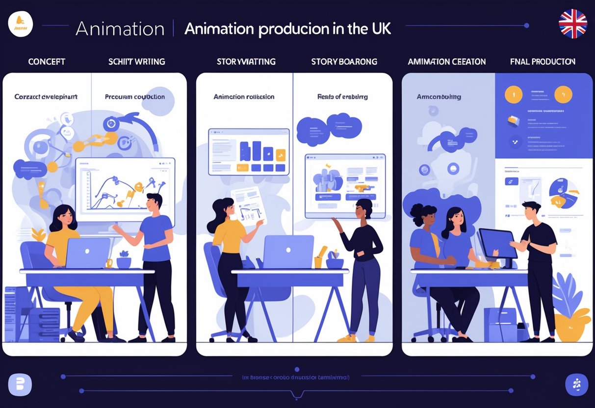 Illustration showing five stages of the animation production process with diverse people working together in a studio, highlighting teamwork and social impact themes.