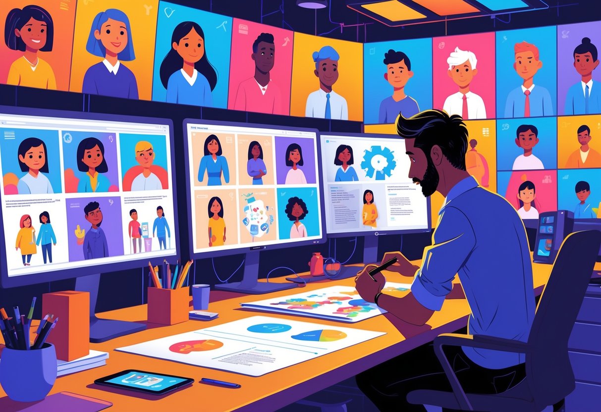 An animator working at a desk with screens showing colourful animated characters and storyboards, surrounded by symbols representing social impact and the UK.