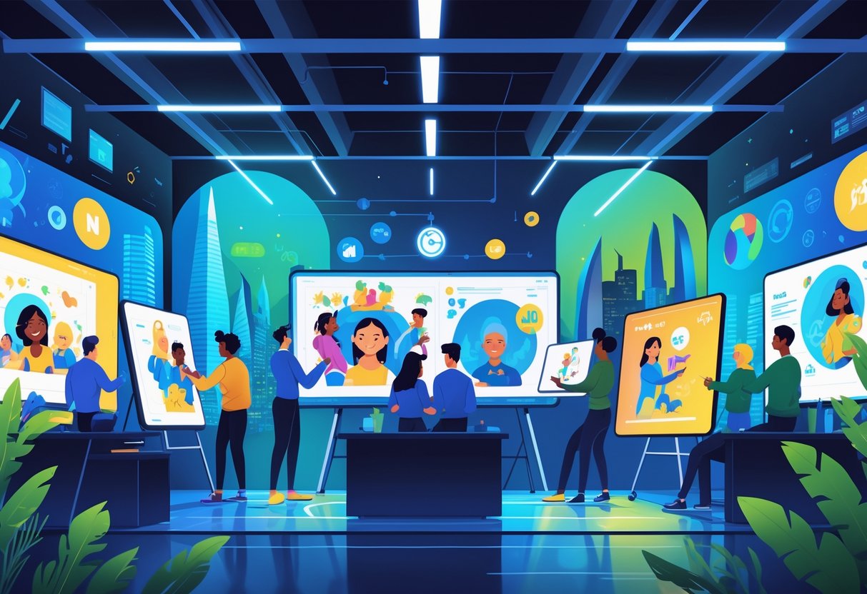 A group of diverse animators working together in a modern UK animation studio surrounded by screens showing socially impactful animated scenes with the London skyline in the background.