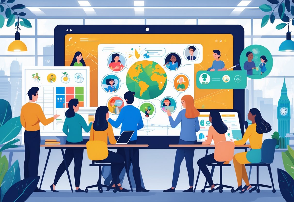 A group of diverse people working together in a creative workspace with a large screen showing colourful animations representing social causes in the UK.