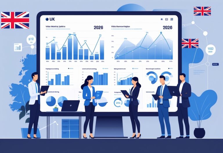 Business professionals analysing video marketing data on digital screens in an office with a UK map outline in the background.