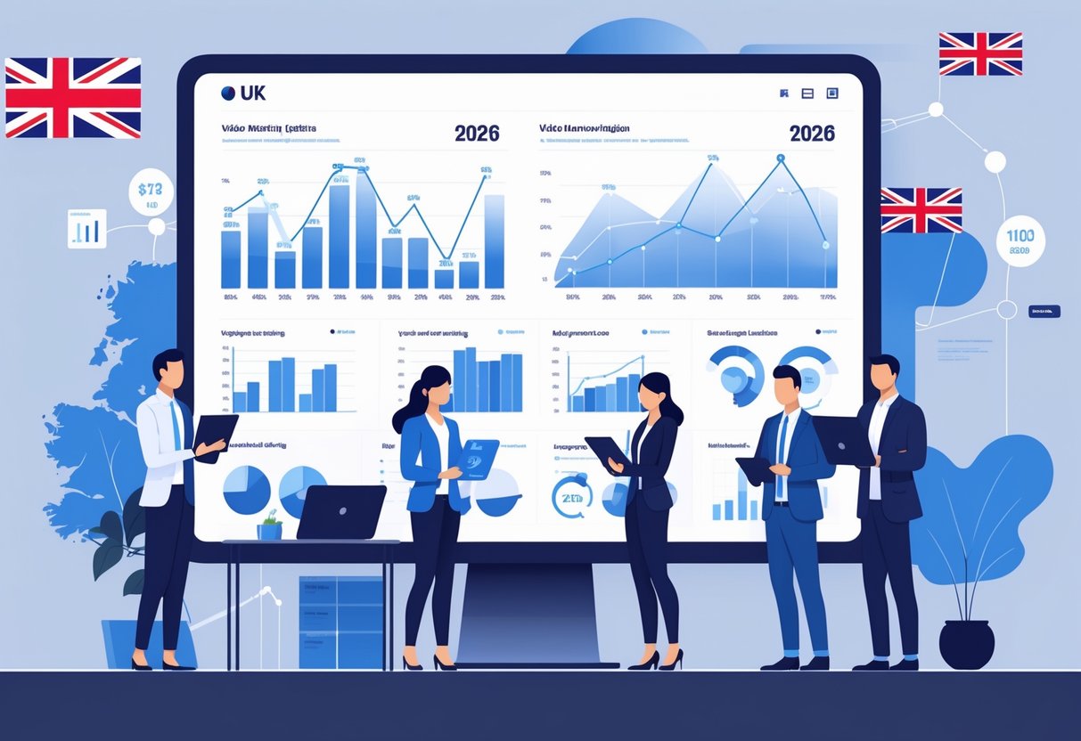 Business professionals analysing video marketing data on digital screens in an office with a UK map outline in the background.