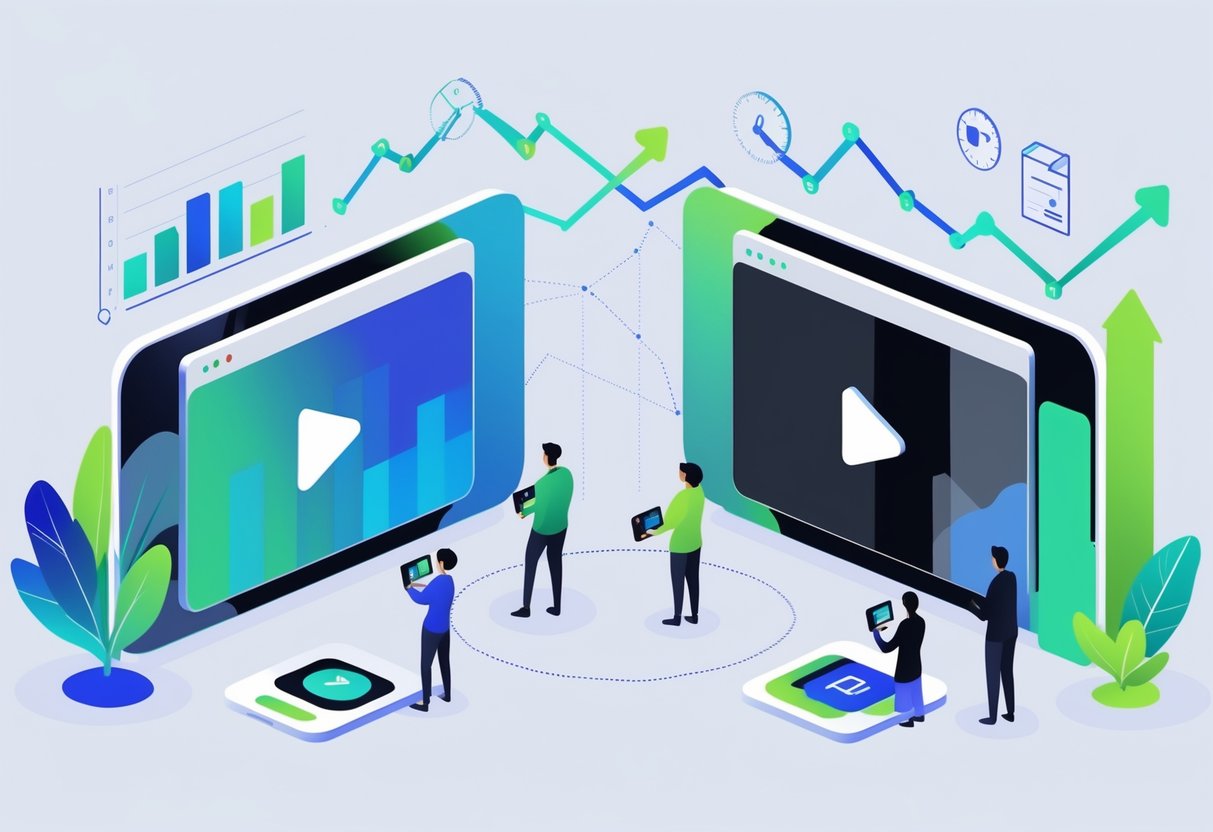 Illustration showing two video players side by side with graphs and abstract people watching videos on different devices.