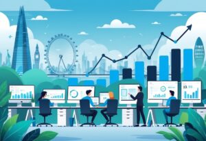 A cityscape with UK landmarks and animated characters working on animation projects, surrounded by rising graphs symbolising industry growth.