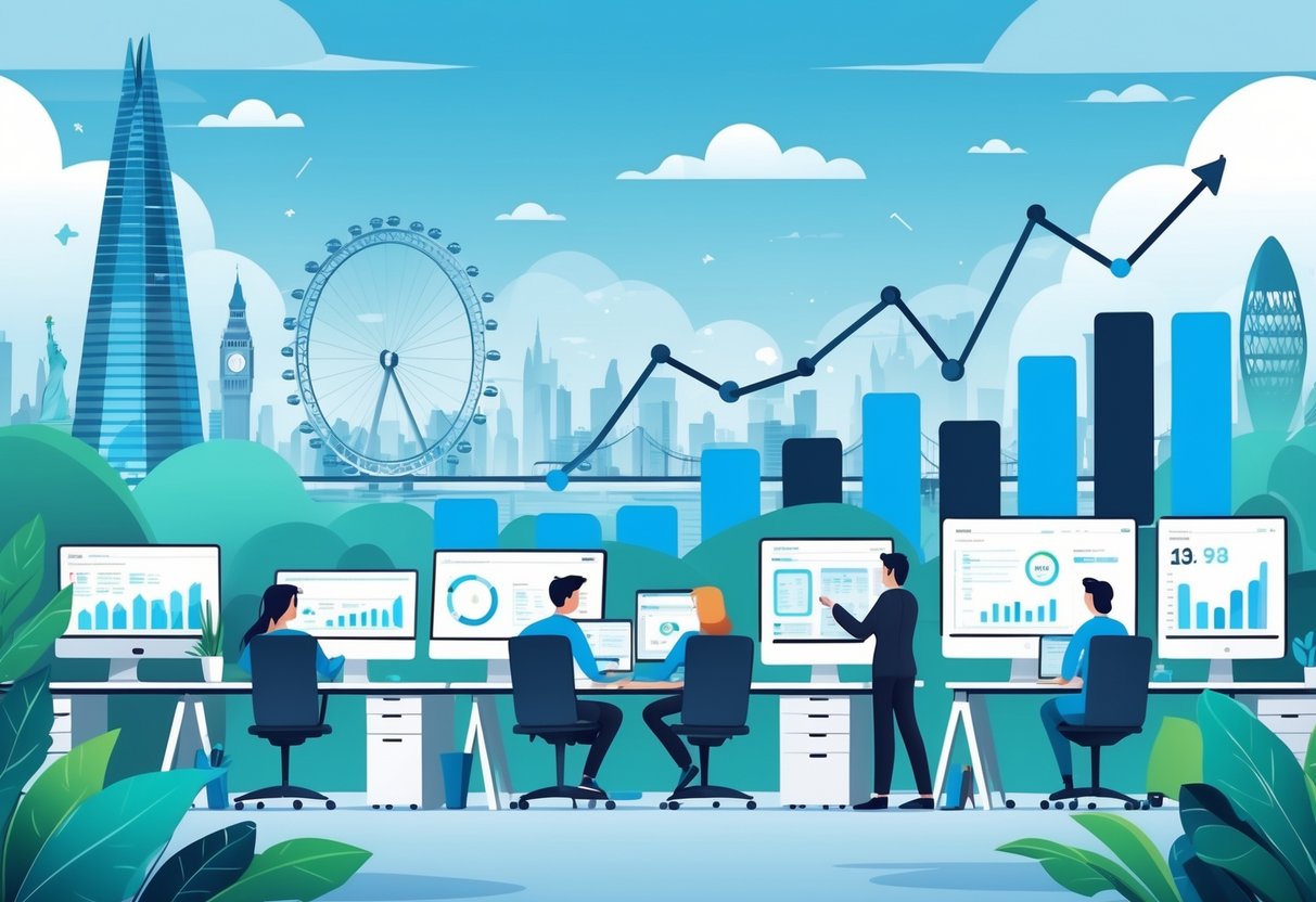 A cityscape with UK landmarks and animated characters working on animation projects, surrounded by rising graphs symbolising industry growth.