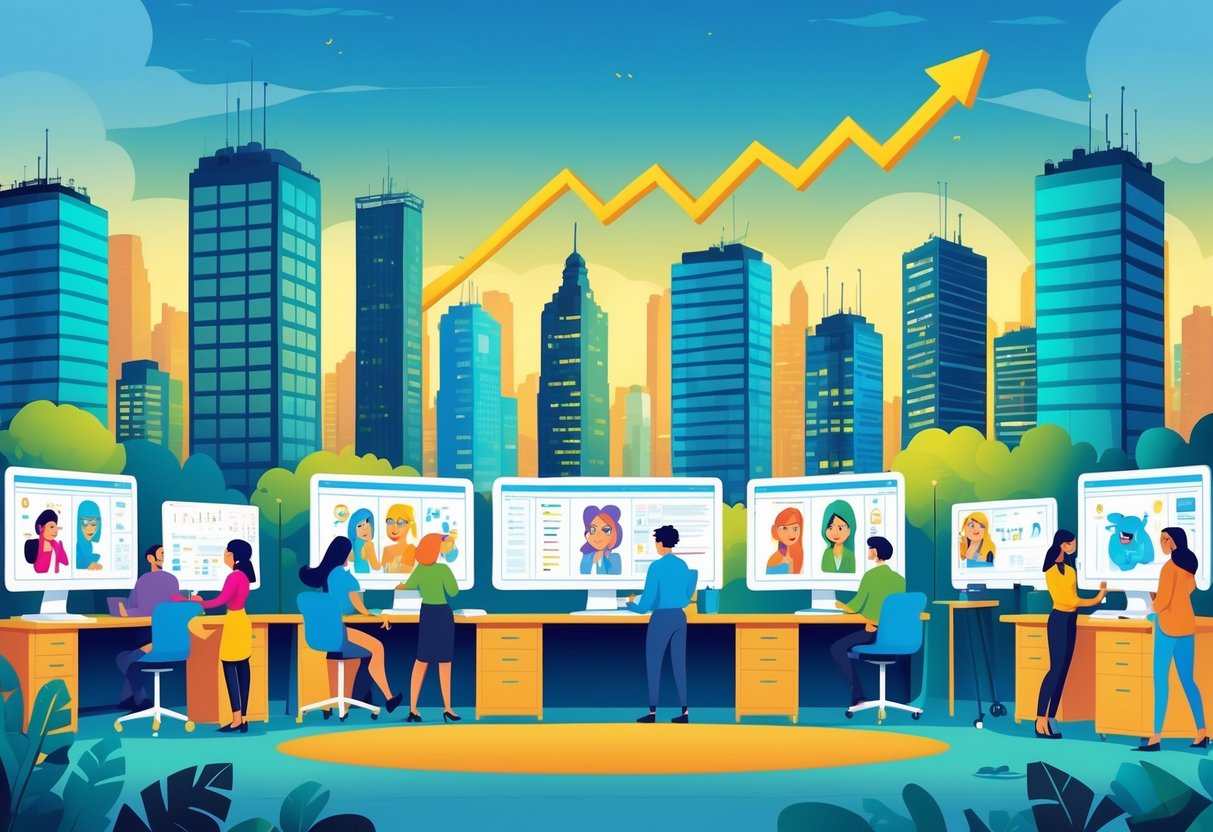 A cityscape with animation studios and creative professionals working together on digital animation projects, with a rising graph integrated into the background symbolising industry growth.