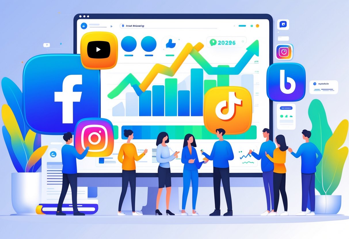 People interacting with floating social media icons and digital charts showing video marketing data in a modern office setting.