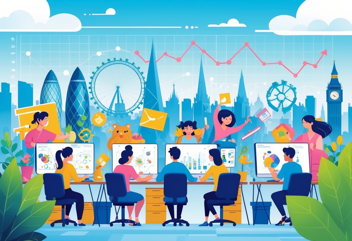 A group of animators working on computers with animated characters emerging around them, set against a cityscape featuring UK landmarks.