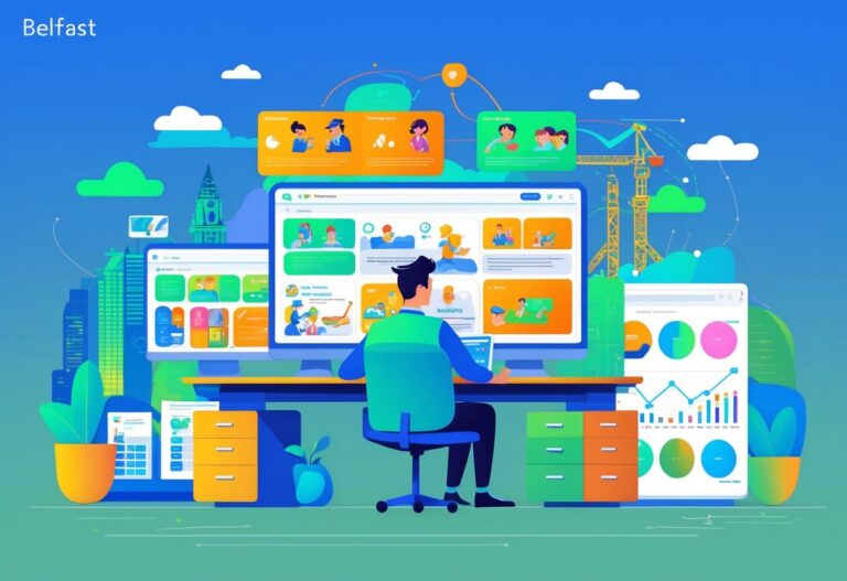 An animation expert working at a desk with multiple screens showing educational animations, with Belfast landmarks visible in the background.