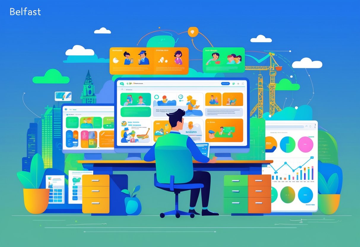 An animation expert working at a desk with multiple screens showing educational animations, with Belfast landmarks visible in the background.