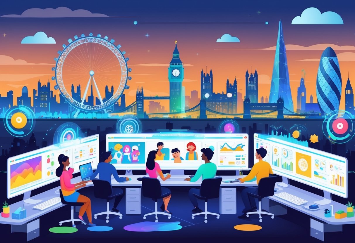 A group of people working with digital animation tools in a city setting with famous UK landmarks in the background, showing growth in the animation industry.