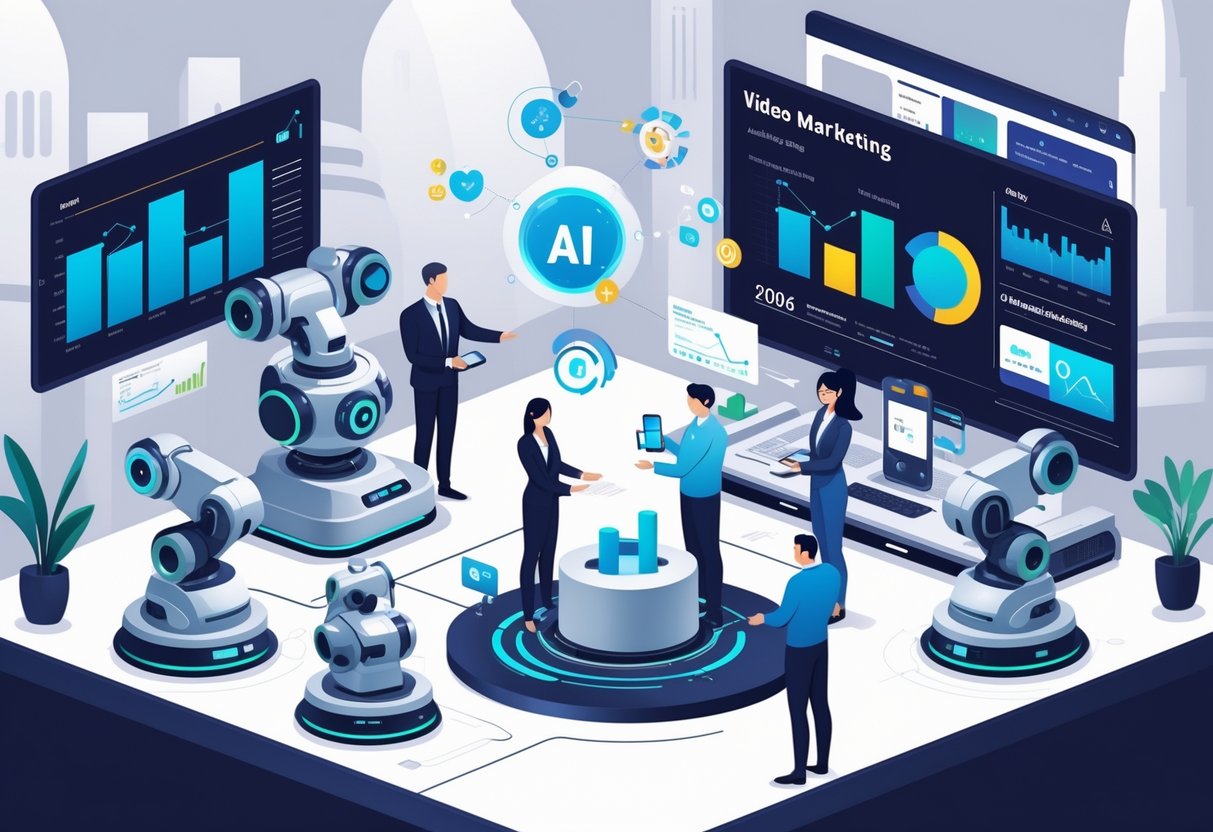 A modern video production studio with people working alongside robotic equipment and digital displays showing video marketing data, set in the UK.