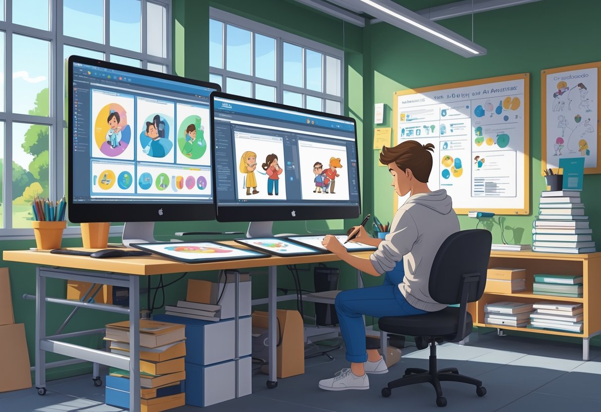 An animation expert working at a desk with digital drawing tablets and computer screens showing animation storyboards and designs in a bright studio.