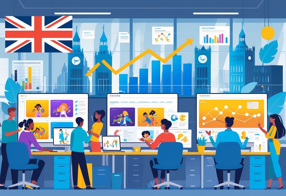 A group of people working together on digital animation projects in an office with UK government buildings and growth charts in the background.