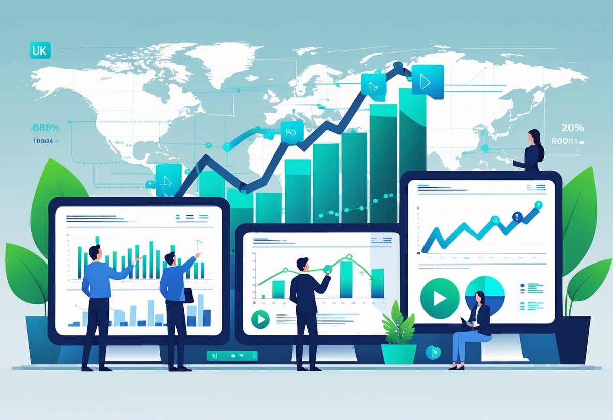 Business professionals analysing charts and graphs on digital screens with a map of the UK in the background, illustrating video marketing success and growth.