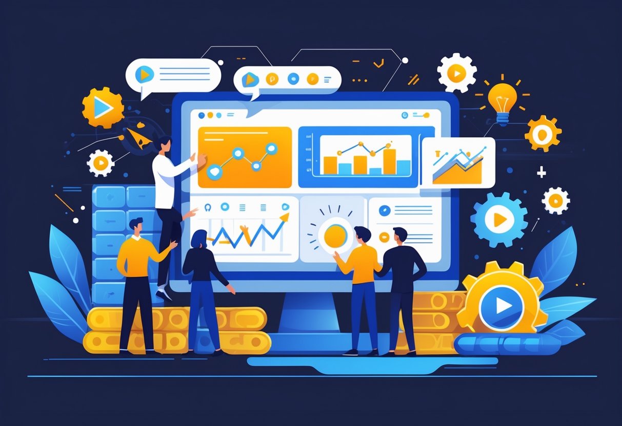 A group of professionals working together around a digital screen showing graphs and video icons, with symbols representing challenges and solutions in video marketing set against a background inspired by the UK flag colours.
