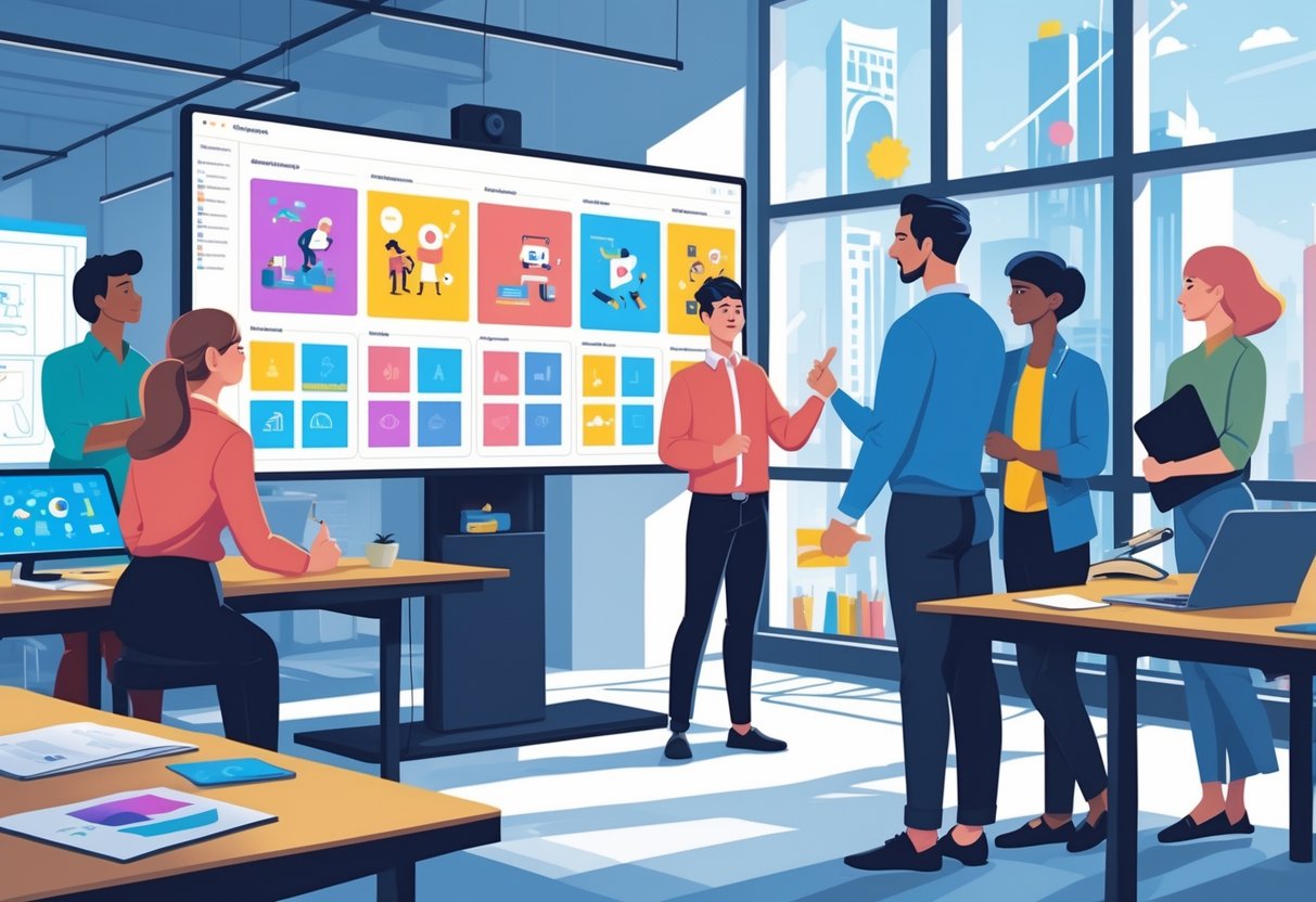 A person explaining animation work to colleagues in a creative studio with Belfast city visible through the windows.