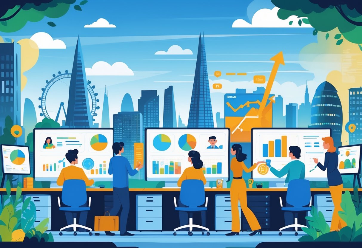 A group of professionals and artists working together with digital animation screens and charts, set against a London cityscape background.