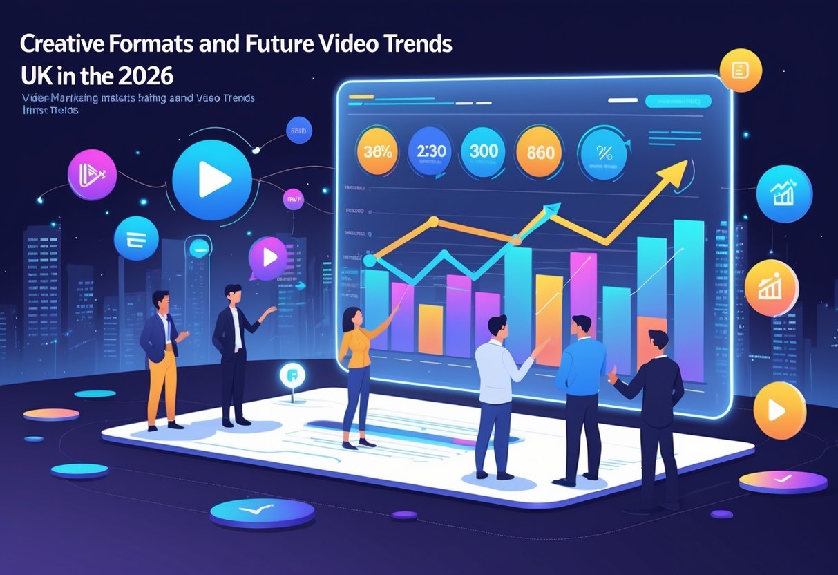 A group of professionals analysing colourful digital graphs and video format icons on a large screen in a modern workspace with a futuristic cityscape in the background.