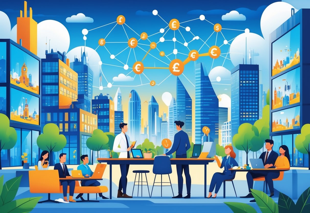 A cityscape showing animation professionals working together with symbols of economic growth and UK landmarks in the background.