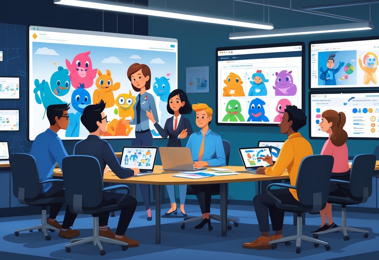 A group of animation experts working together around a table with digital screens and animation tools in an office setting in Belfast.