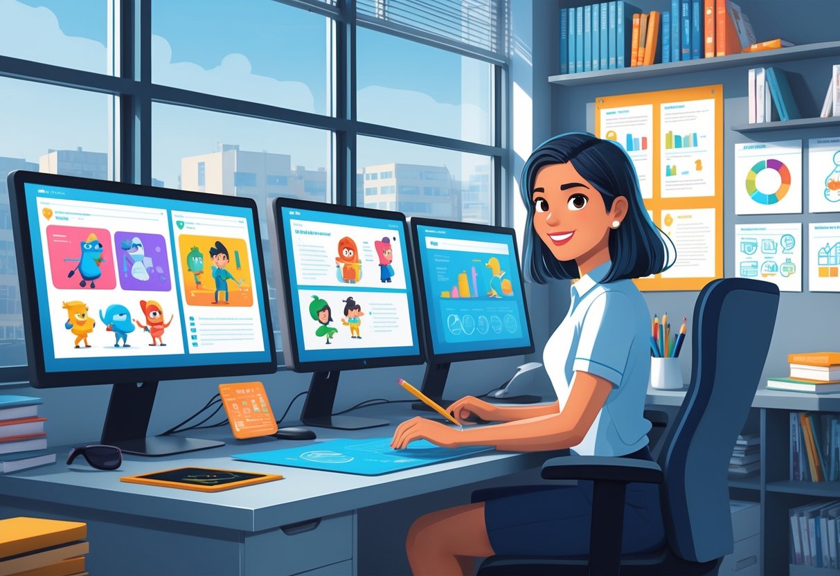 An animation expert working at a desk with multiple screens showing educational animations in a bright office with a view of Belfast city.