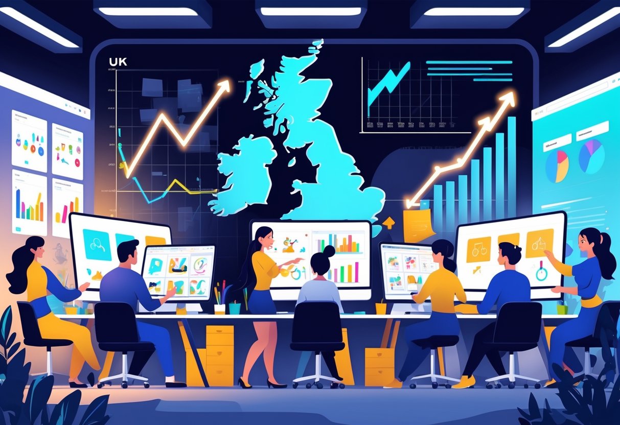 A group of creative professionals working together on animation projects in a modern office with digital screens and a map of the UK showing key animation hubs.