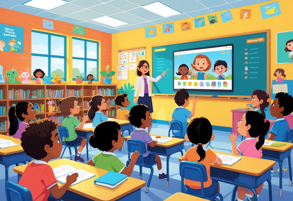 A primary school classroom with young students watching an animated video on a smartboard while the teacher interacts with them.