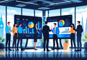 Business professionals collaborating in a modern office with digital screens showing animated data and futuristic visuals, with a cityscape visible through windows.