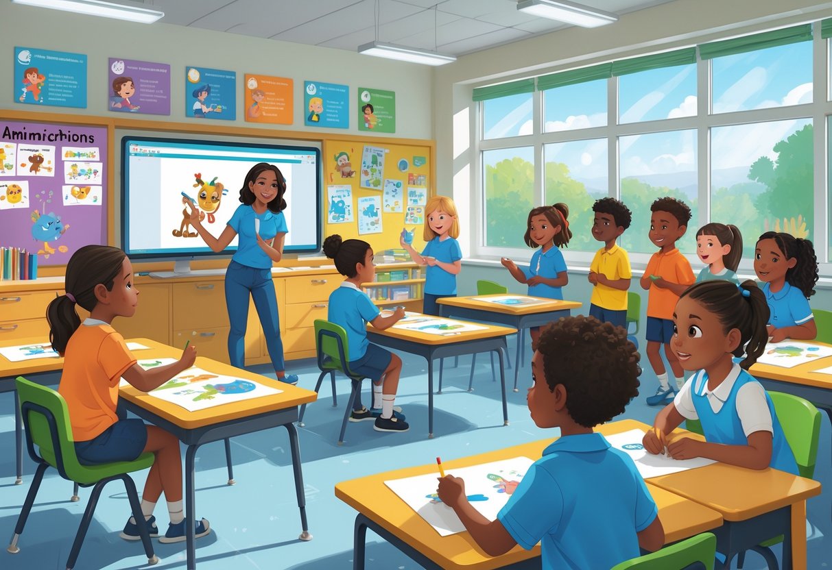 A primary school classroom with young children and a teacher learning animation using tablets and drawing storyboards.