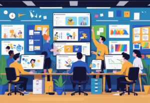 A creative studio with animators working together on digital screens showing storyboards and animation elements.