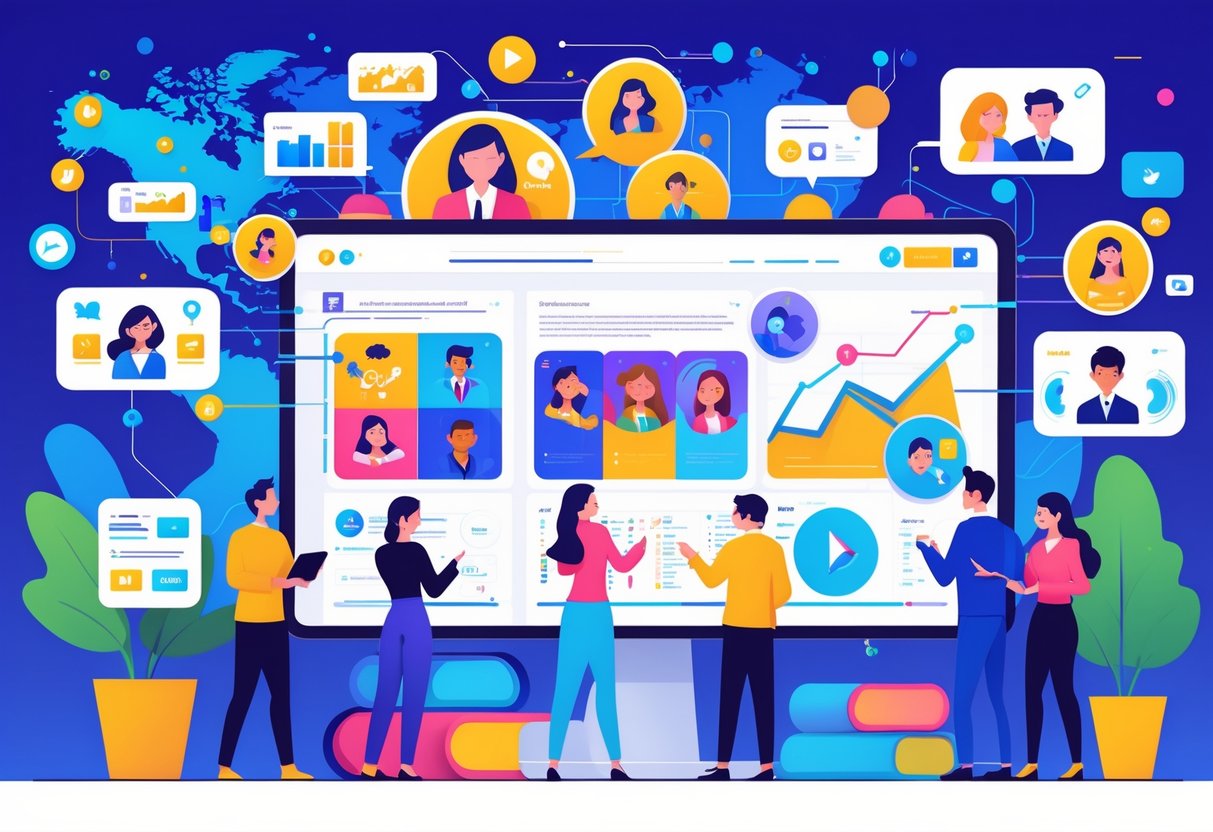 A team of marketing professionals collaborating around a digital screen showing animated characters and marketing icons with a UK map in the background.