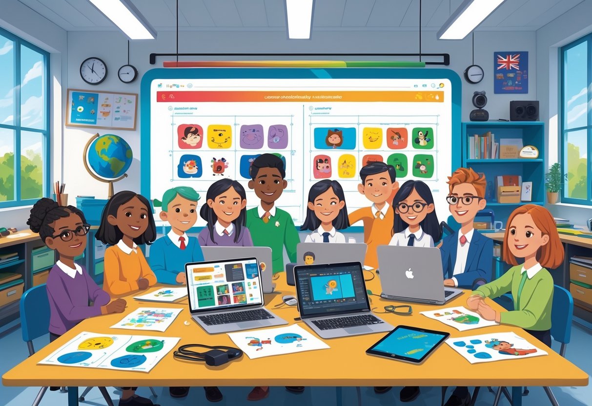 A group of primary school teachers working together in a classroom with animation editing tools and storyboards, preparing animated films for sharing.