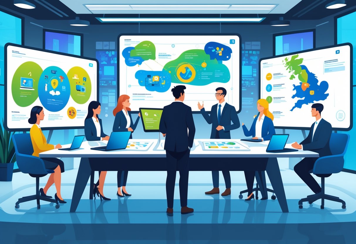 A group of professionals in a modern office reviewing animated digital content on large screens with a map of the UK in the background.