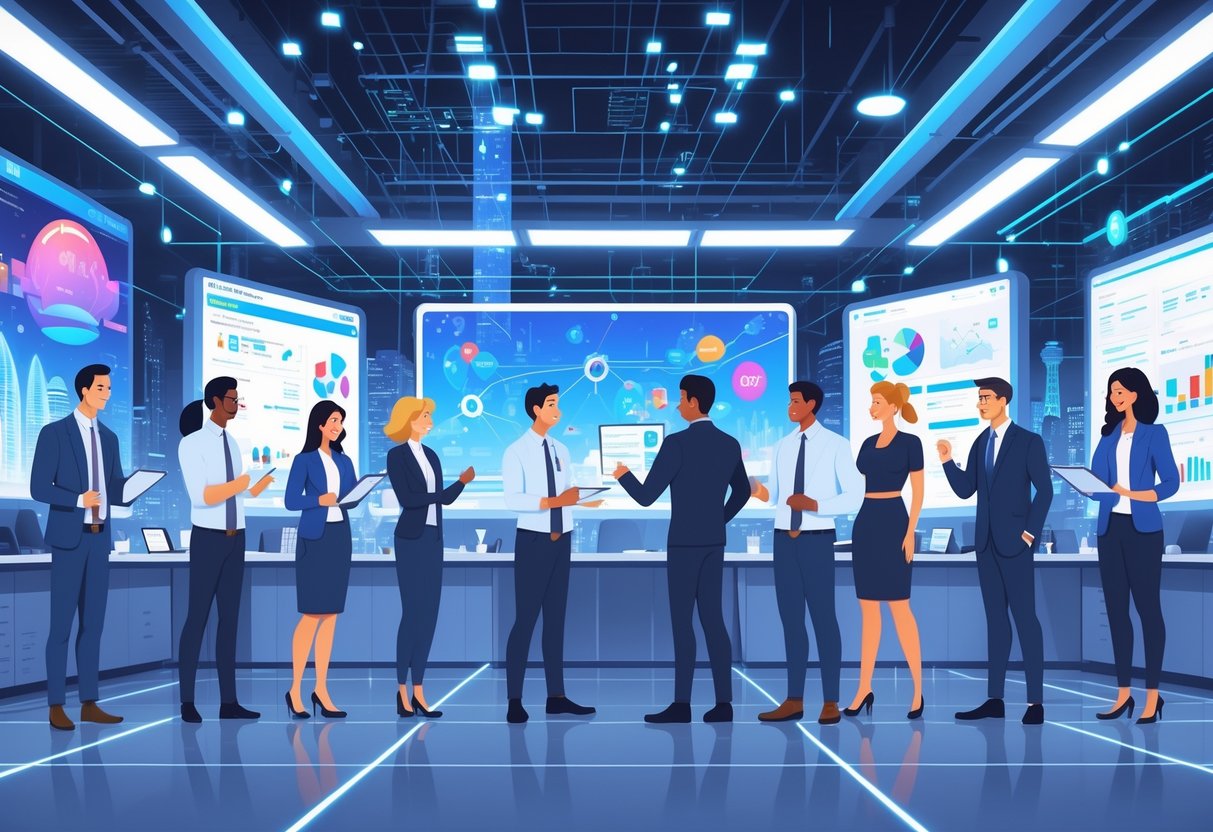 A group of professionals working with animated digital tools and screens in a modern office with the London skyline in the background, representing animation's role in UK industries.
